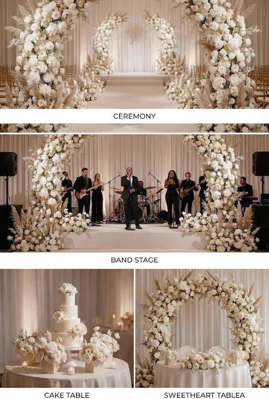 Modern Wedding Reception Decor Trends Couples Are Choosing in 2026 7 Four wedding scenes featuring white floral arches at the ceremony, band stage, cake table, and sweetheart table in a cohesive neutral design