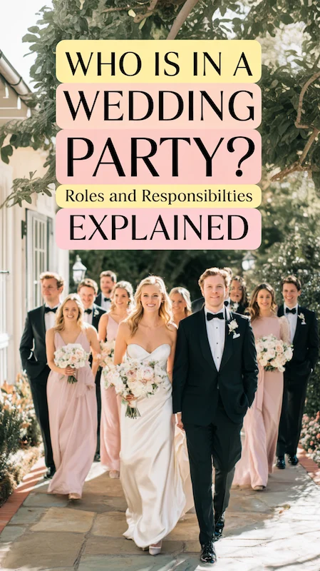 Who Is In A Wedding Party? 1 Bride and groom walking with their wedding party, bridesmaids in blush dresses and groomsmen in tuxedos outdoors