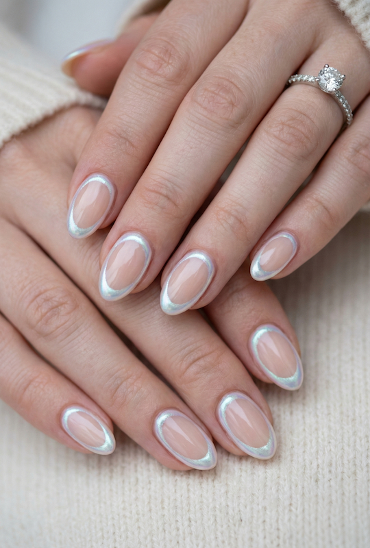 Macro close-up of bride’s hands with nude almond nails and iridescent pearl outline tips, glossy finish, and diamond ring