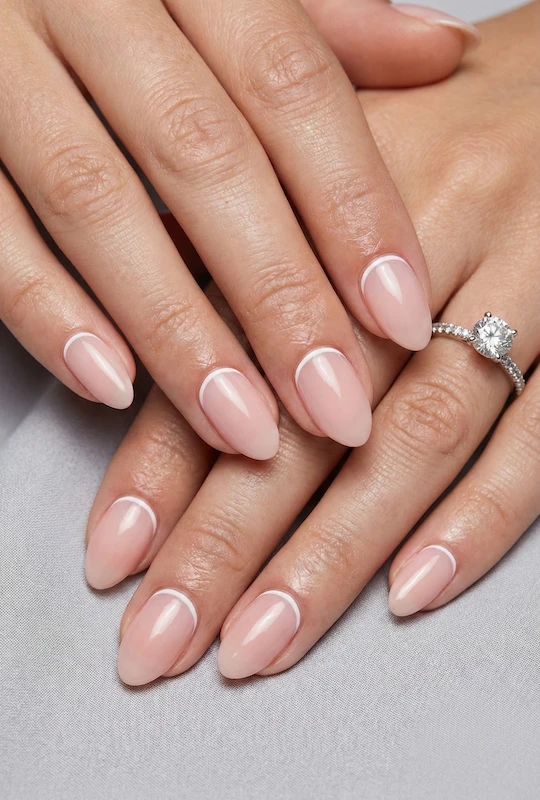 Macro close up of bride’s hands with soft blush almond nails, ultra glossy finish, natural look, and classic diamond ring