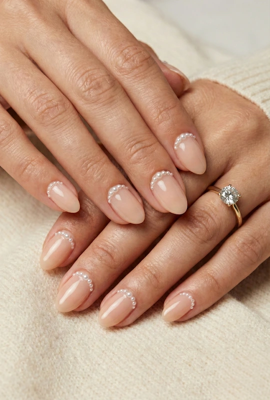 Macro close up of bride’s hands with blush almond nails and delicate pearl half moon accents, glossy finish, diamond ring