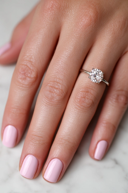 Close up of bride’s hand with soft baby pink short nails glossy finish clean cuticles solitaire engagement ring natural light