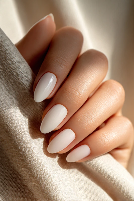 Close up of bride’s hand with milky white almond nails, sheer glossy finish, clean cuticles, soft natural light, neutral fabric backdrop
