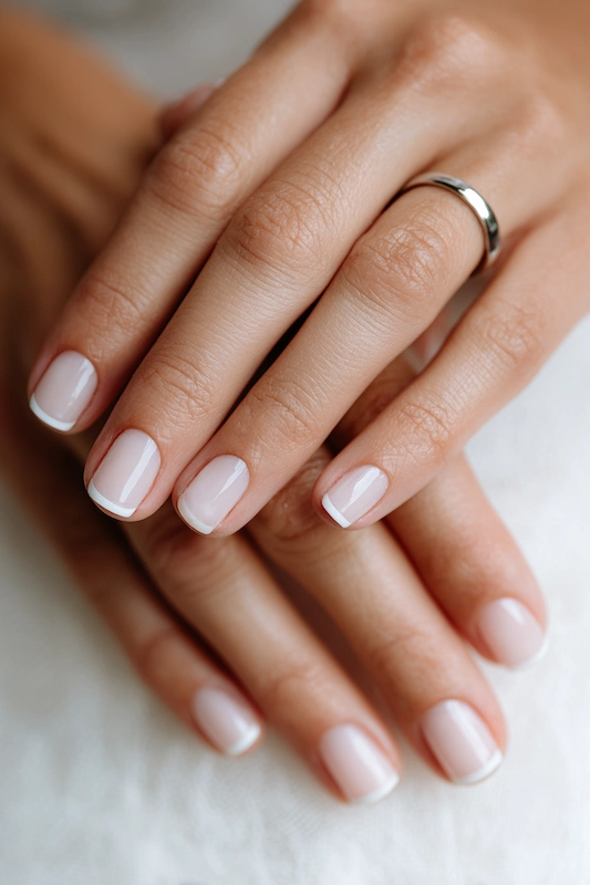 Close up of bride’s hands with soft milky white nails and micro French tips, short rounded shape, glossy finish, simple band ring