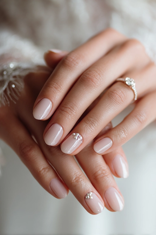 Close up of bride’s hands with soft milky white short almond nails, glossy finish, minimal pearl accents, engagement ring, romantic light