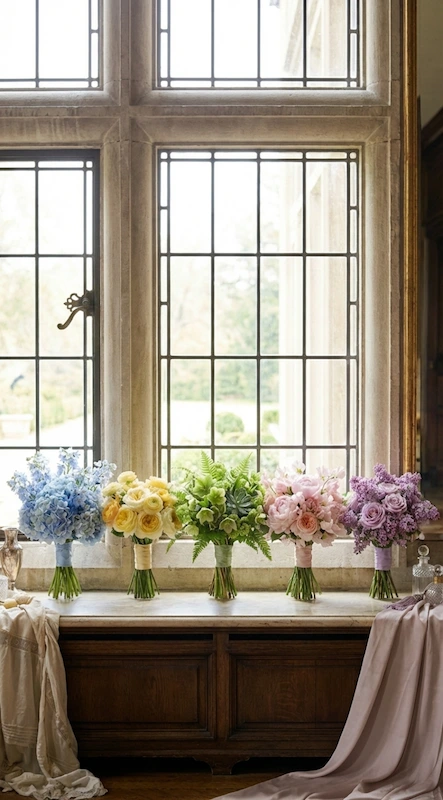25 Pastel Wedding Theme Ideas That Look Modern and Fresh 19 Bridal party bouquets in soft blue, yellow, green, blush, and lavender displayed on a window ledge with natural light