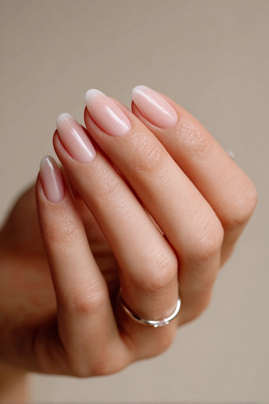 Close up of bride’s hand with sheer pink to milky white ombré almond nails glossy finish clean cuticles soft neutral background