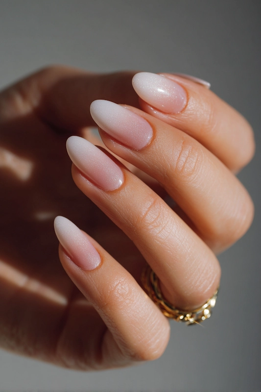 Close up of bride’s hand with sheer pink to white ombré almond nails, glossy finish, clean cuticles, soft natural light, elegant ring