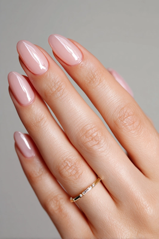 Close up of bride’s hand with sheer blush pink almond nails glossy finish clean cuticles minimal gold band soft natural light