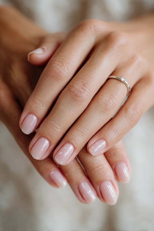 Close up of bride’s hands with sheer blush pink short oval nails, glossy finish, clean cuticles, engagement ring, soft natural light