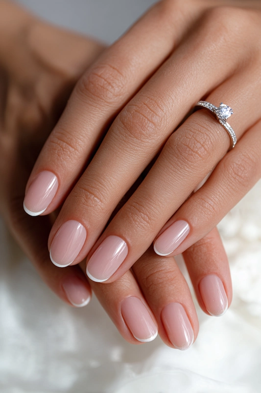 Close up of bride’s hands with sheer pink base and micro French tip nails, short oval shape, glossy finish, engagement ring