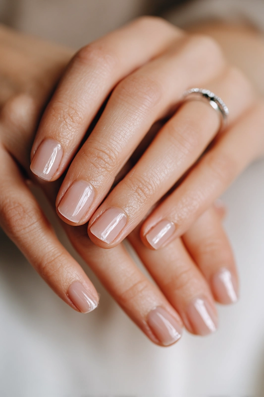 Close up of bride’s hands with sheer soap nails manicure, soft nude buff tone, short rounded shape, glossy finish, natural light