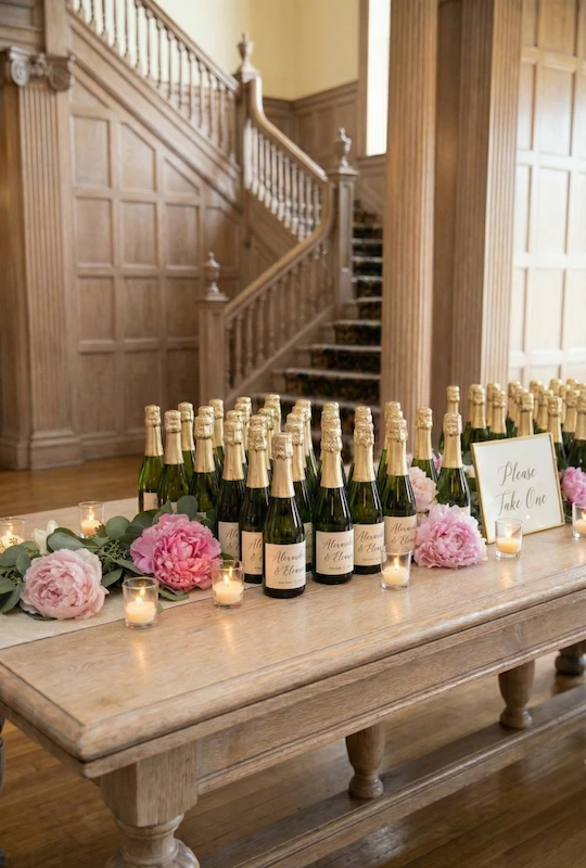 Old Money Wedding Aesthetic: Your Complete Style Guide 20 min Champagne bottles display with blush peonies and candles on a wooden table in a grand staircase foyer