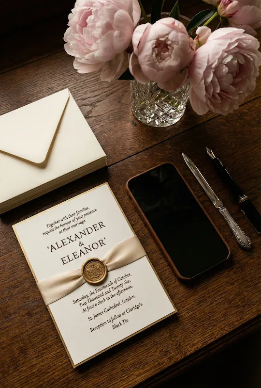 Old Money Wedding Aesthetic: Your Complete Style Guide 11 Classic wedding invitation suite with wax seal ribbon peonies smartphone and calligraphy pen styled on a wooden table
