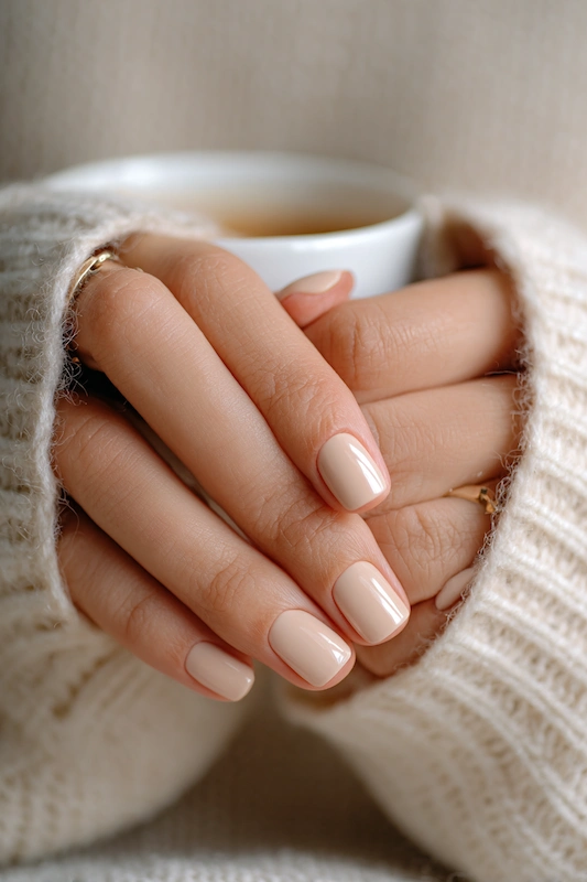 Macro close-up of hands with creamy latte beige short square nails, glossy finish, cozy knit sweater, and coffee cup