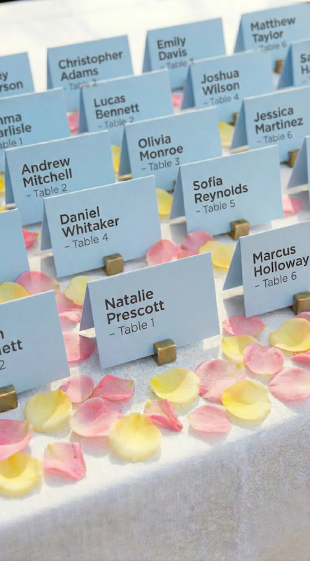 25 Pastel Wedding Theme Ideas That Look Modern and Fresh 15 Dusty blue wedding escort cards with clean modern fonts displayed on linen table with soft pastel rose petals