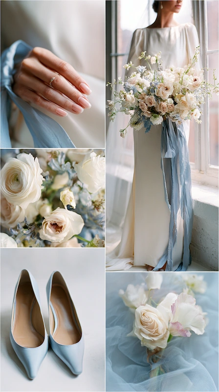 25 Pastel Wedding Theme Ideas That Look Modern and Fresh 22 Editorial wedding mood board with bride holding soft blue and ivory bouquet pale blue heels floral details and airy romance