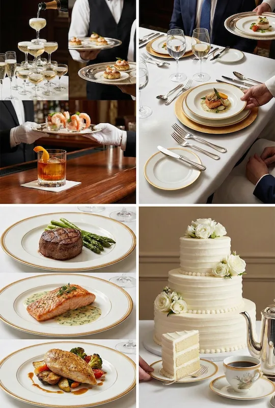 Old Money Wedding Aesthetic: Your Complete Style Guide 18 Formal wedding dining collage with passed hors d’oeuvres plated entrees champagne service and classic white tiered cake