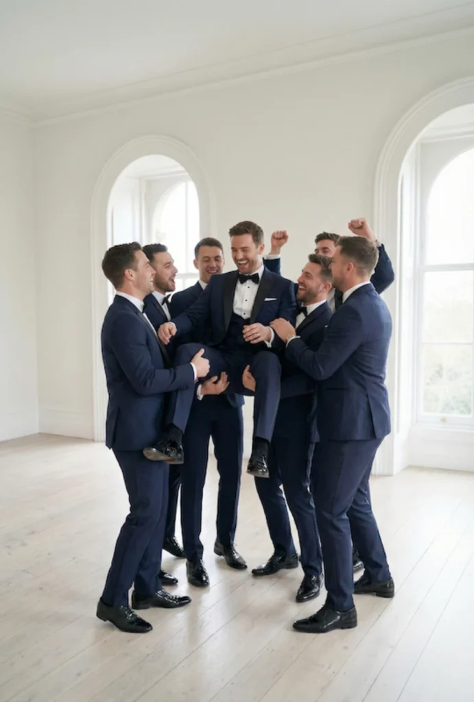 Old Money Wedding Aesthetic: Your Complete Style Guide 13 Groom in a black tuxedo lifted by groomsmen in navy suits laughing together in a bright white room with arched windows