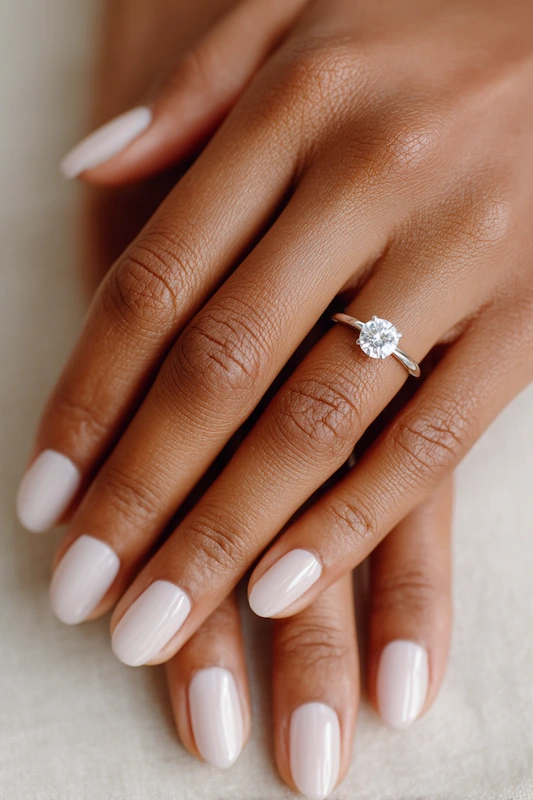 Close up of bride’s hands with milky white gel manicure and a classic round diamond engagement ring on a soft neutral fabric.