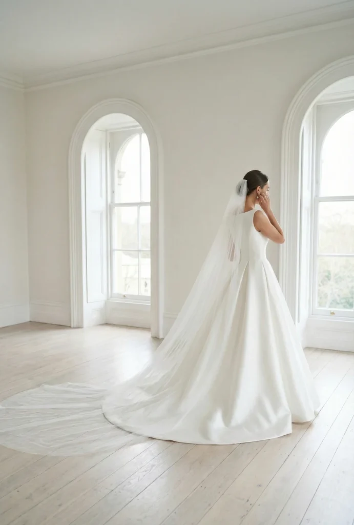 Old Money Wedding Aesthetic: Your Complete Style Guide 12 Bride in a minimalist satin ballgown with long veil standing in a light filled room with arched windows and white floors