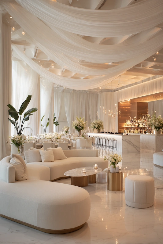 Modern Wedding Reception Decor Trends Couples Are Choosing in 2026 1 Modern luxury wedding reception with flowing white ceiling draping marble bar soft lounge seating and elegant white floral decor
