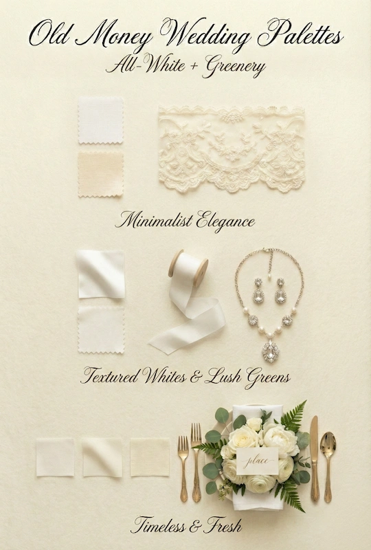 Old Money Wedding Aesthetic: Your Complete Style Guide 7 Old money wedding palette featuring all white tones with greenery, lace, ribbon, jewelry, and a floral place setting