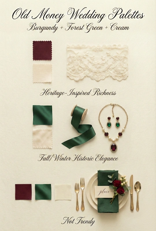 Old Money Wedding Aesthetic: Your Complete Style Guide 6 Old money wedding palette with burgundy, forest green, and cream swatches, lace, ribbon, jewelry, and an elegant place setting
