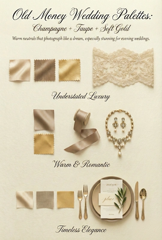 Old Money Wedding Aesthetic: Your Complete Style Guide 8 Old money wedding palette with champagne, taupe, and soft gold swatches, lace, ribbon, jewelry, and an elegant table setting