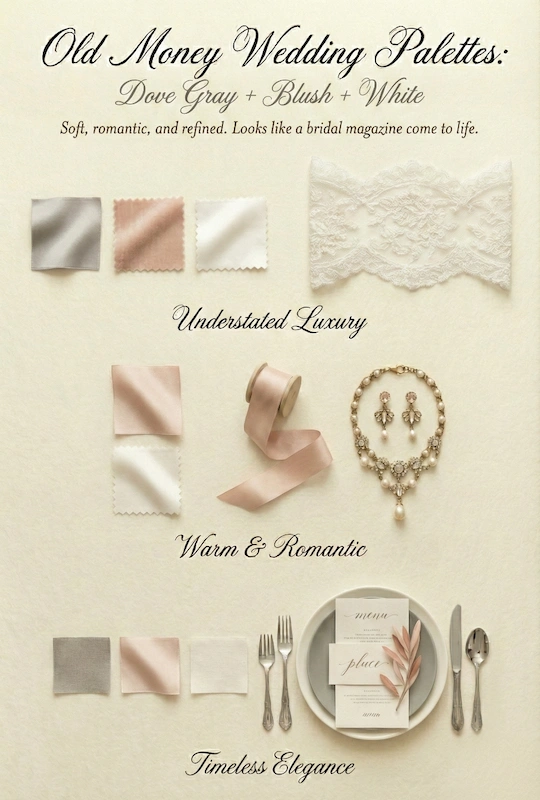 Old Money Wedding Aesthetic: Your Complete Style Guide 9 Old money wedding palette with dove gray, blush, and white swatches, lace, ribbon, jewelry, and an elegant place setting