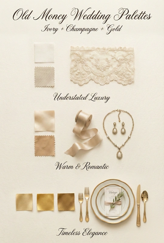 Old Money Wedding Aesthetic: Your Complete Style Guide 3 Old money wedding palette featuring ivory, champagne, and gold swatches with lace, ribbon, jewelry, and elegant table setting