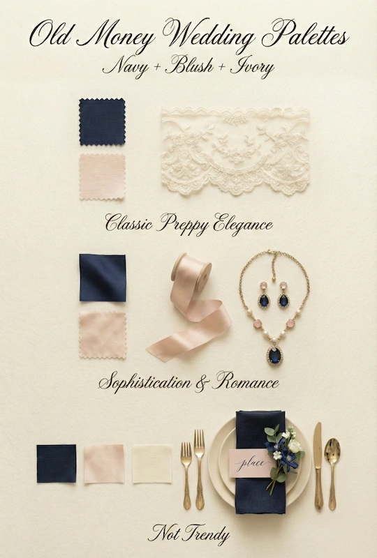 Old Money Wedding Aesthetic: Your Complete Style Guide 5 Old money wedding palette featuring navy, blush, and ivory swatches with lace, ribbon, jewelry, and an elegant place setting