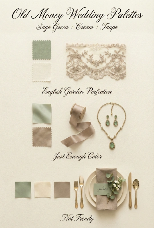 Old Money Wedding Aesthetic: Your Complete Style Guide 4 Old money wedding palette with sage green, cream, and taupe swatches, lace, ribbon, jewelry, and an elegant place setting