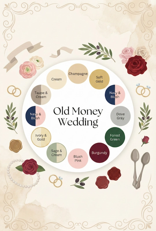 Old Money Wedding Aesthetic: Your Complete Style Guide 2 Old Money wedding color palette wheel with cream, gold, navy, blush, burgundy, sage, and gray surrounded by vintage décor accents