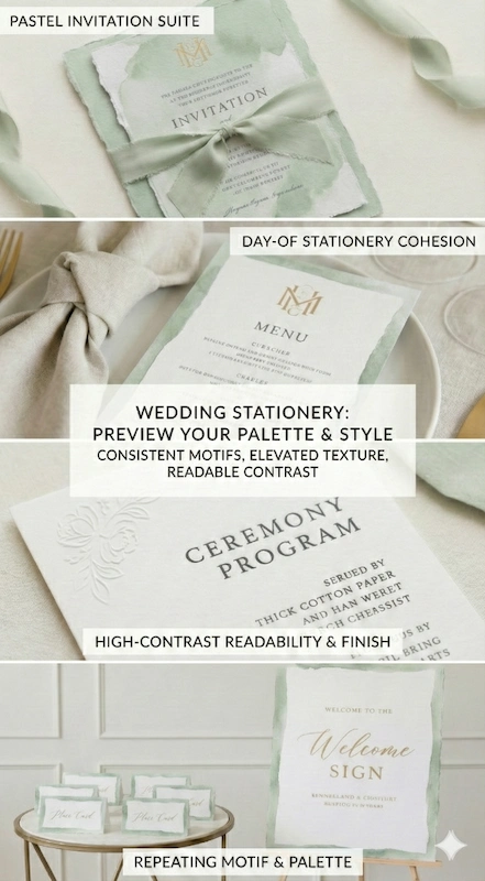 25 Pastel Wedding Theme Ideas That Look Modern and Fresh 24 Wedding stationery mood board with pastel invitation suite menu ceremony program and welcome sign showing cohesive palette