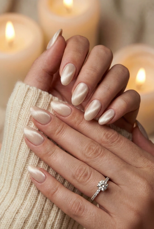 Macro close-up of bride’s hands with pearlescent ivory almond nails, soft candlelight glow, cozy knit sleeve, diamond ring