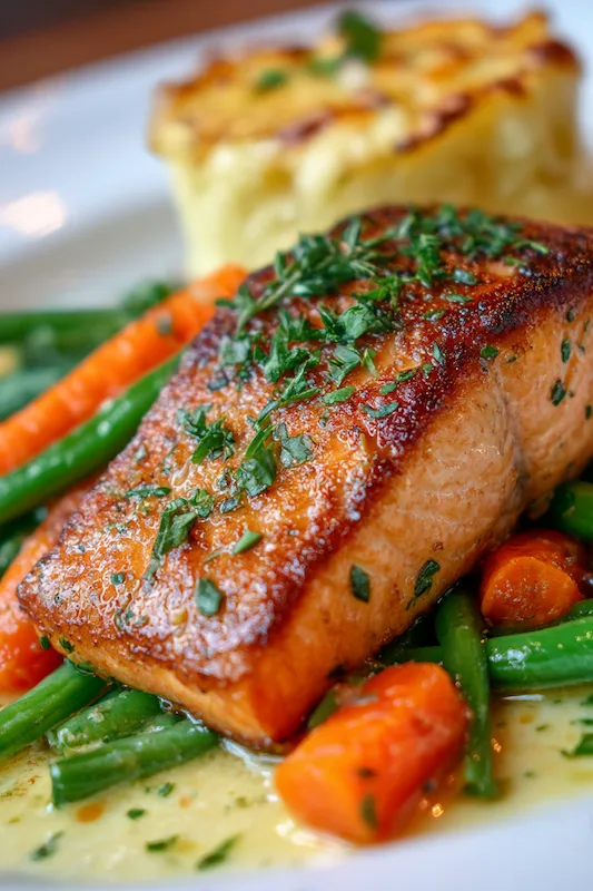 Old Money Wedding Aesthetic: Your Complete Style Guide 17 Seared salmon fillet served with green beans carrots and herb butter sauce on a white plate with potato gratin