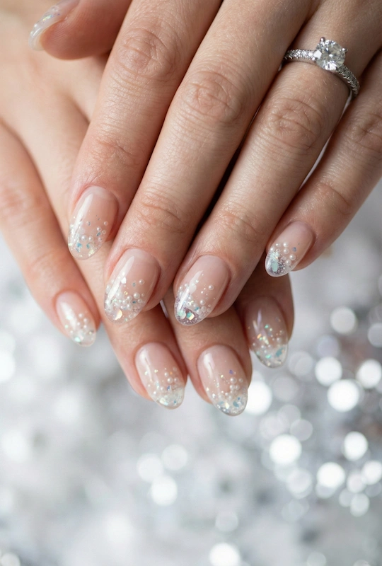 Macro close up of bride’s hands with sheer blush almond nails and crystal glitter tips, glossy finish, and diamond ring