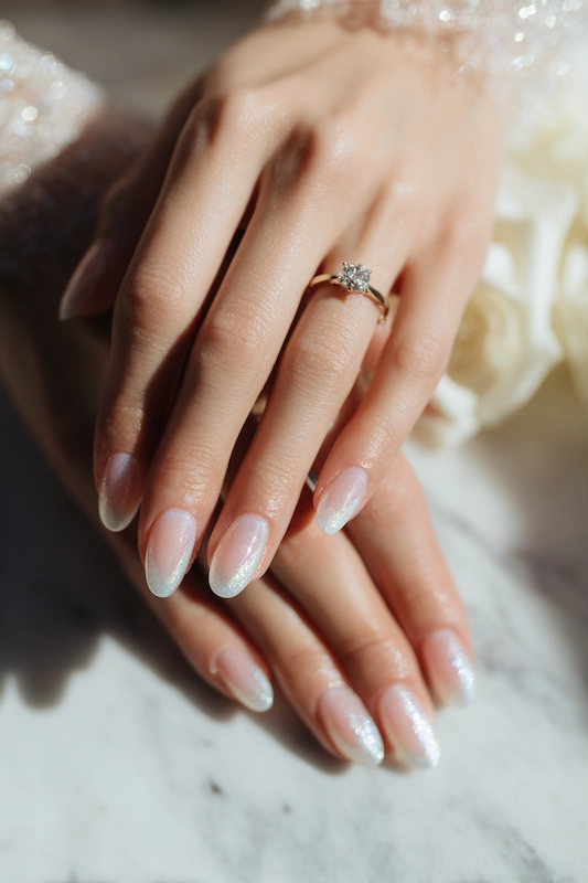Macro close up of bride’s hands with sheer buff almond nails, subtle pearl shimmer, soft bridal light, and solitaire ring