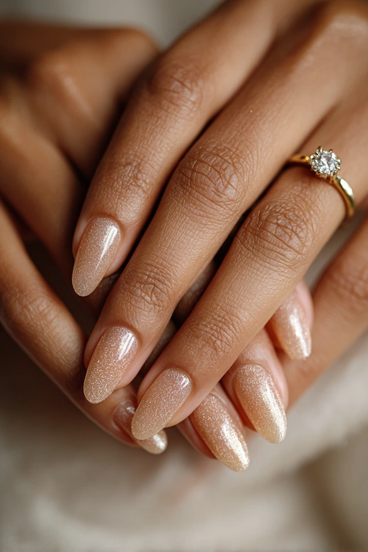 Macro close-up of bride’s hands with sheer champagne almond nails, soft shimmer finish, and diamond engagement ring