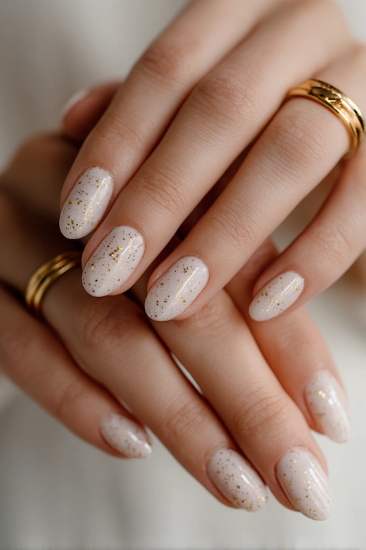 Macro close up of hands with sheer ivory almond nails and fine gold fleck detail, glossy finish, and stacked gold rings