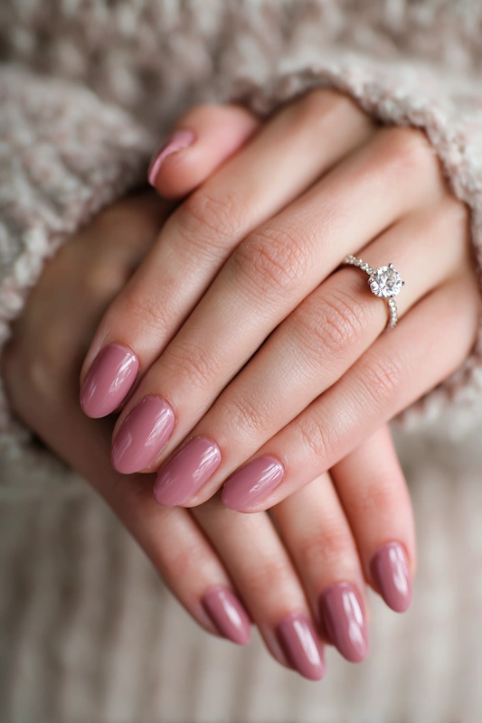 Macro close-up of hands with winter wedding nails with sheer rose mauve color and almond shaped nails, glossy finish, cozy knit sleeves, and classic diamond engagement ring
