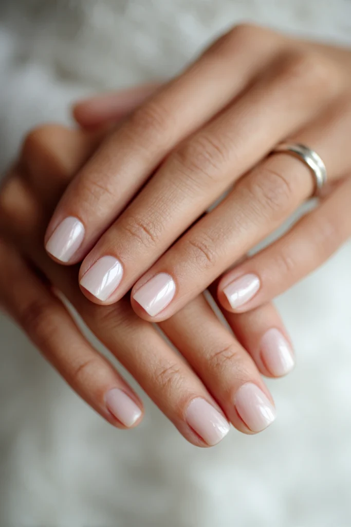 Close up of bride’s hands with short milky white manicure, natural glossy finish, and a simple silver wedding band on soft fabric.