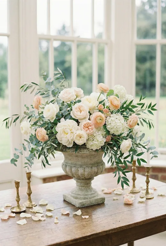 Old Money Wedding Aesthetic: Your Complete Style Guide 16 Stone urn floral arrangement with blush and white roses eucalyptus and greenery styled on a window side wedding table