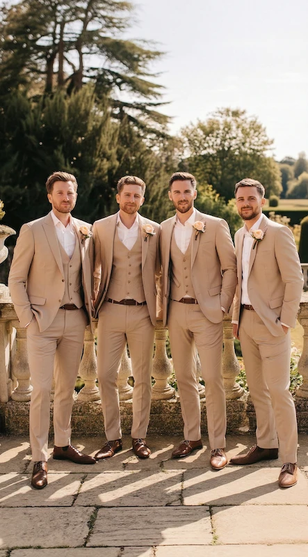 25 Pastel Wedding Theme Ideas That Look Modern and Fresh 23 Four groomsmen wearing tan suits with boutonnieres standing outdoors by a stone balustrade in soft daylight, elegant style