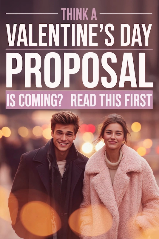 Couple walking at dusk with romantic city lights and text saying Think a Valentine’s Day proposal is coming read this first