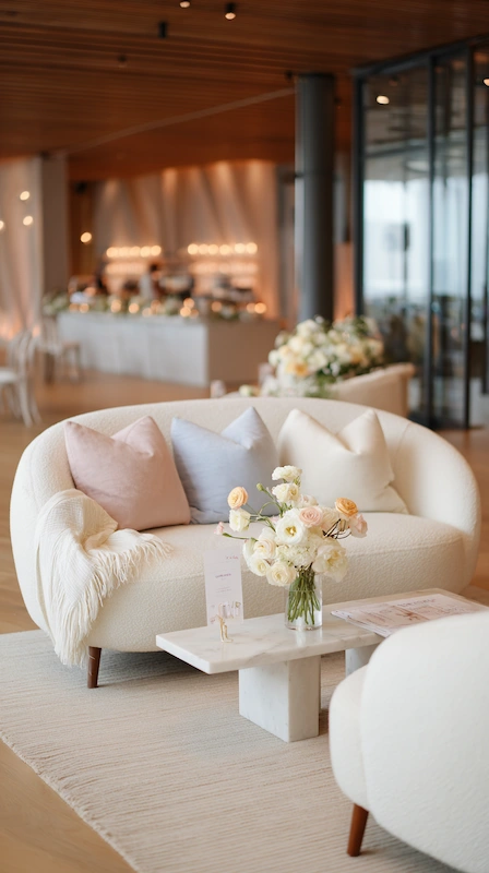 25 Pastel Wedding Theme Ideas That Look Modern and Fresh 16 Modern wedding lounge with curved ivory sofa, pastel pillows, floral coffee table accents, and warm wood interior