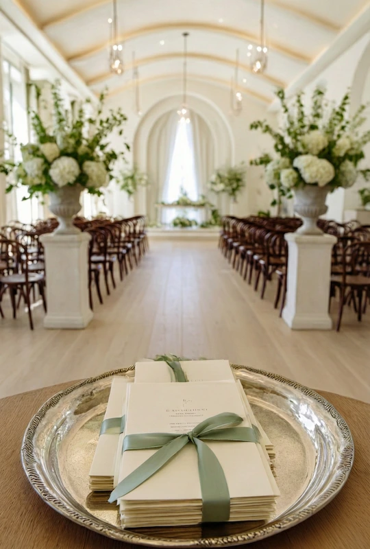 Old Money Wedding Aesthetic: Your Complete Style Guide 14 Wedding ceremony programs tied with sage ribbon displayed on a silver tray at the aisle entrance of an elegant chapel