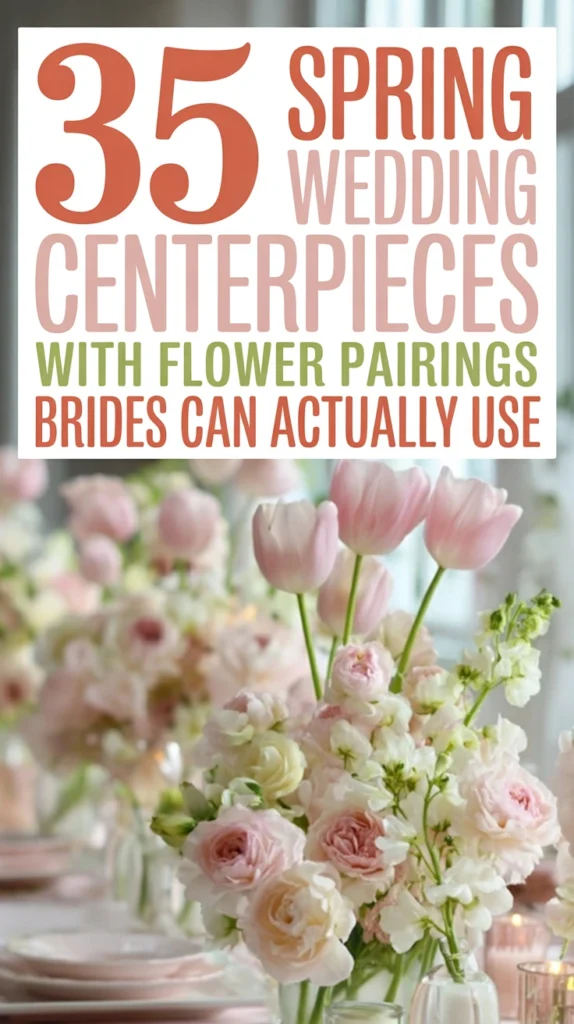 35 Spring Wedding Centerpieces With Flower Pairings Brides Can Actually Use 1 Pinterest cover featuring spring wedding centerpieces with blush tulips and roses and bold text reading 35 spring wedding centerpieces