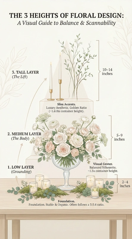 Wedding Centerpiece Ideas for Round Tables (3-2-1 Formula) 2 Illustrated wedding centerpiece guide showing low medium and tall floral layers with height ranges for balanced table decor